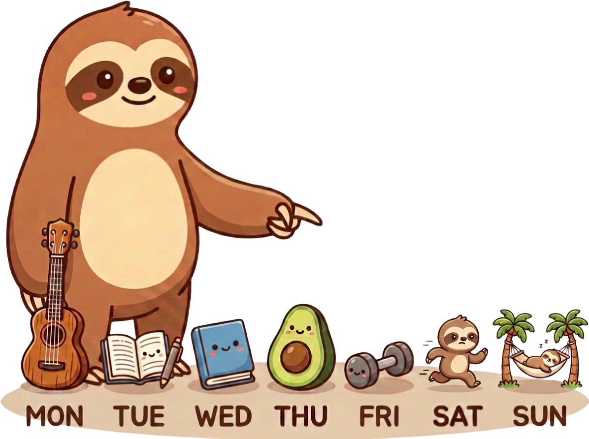 A sloth pointing along the days of the week, each one marked by a different habit